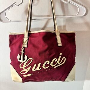 Vintage Gucci Burgundy and Cream Women's Tote Bag Very Clean